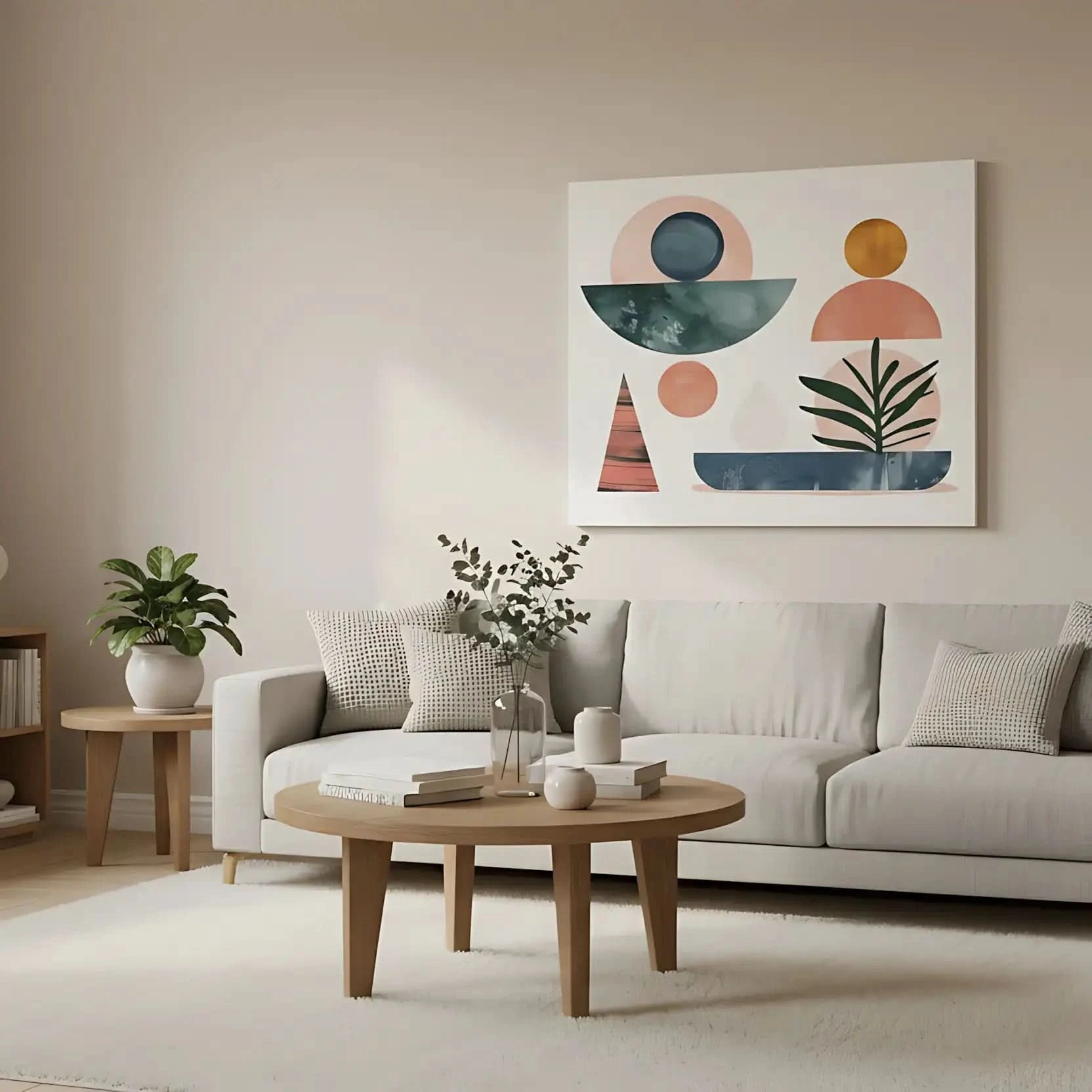 Formes géométriques en rose, bleu et vert, avec des éléments de plantes stylisées. Une oeuvre bohème et contemporaine, parfaite pour un salon ou un espace créatif.