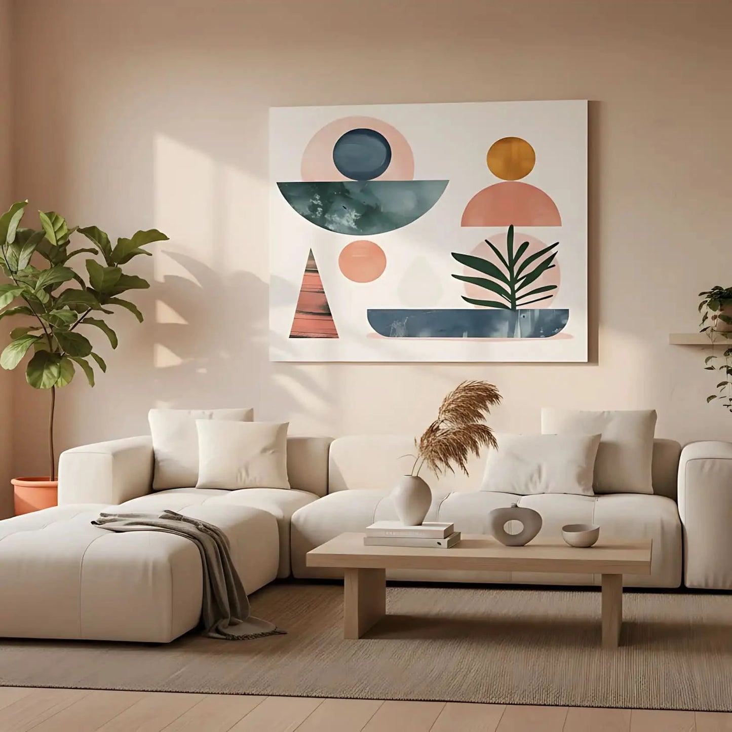 Formes géométriques en rose, bleu et vert, avec des éléments de plantes stylisées. Une oeuvre bohème et contemporaine, parfaite pour un salon ou un espace créatif.