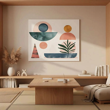 Formes géométriques en rose, bleu et vert, avec des éléments de plantes stylisées. Une oeuvre bohème et contemporaine, parfaite pour un salon ou un espace créatif.