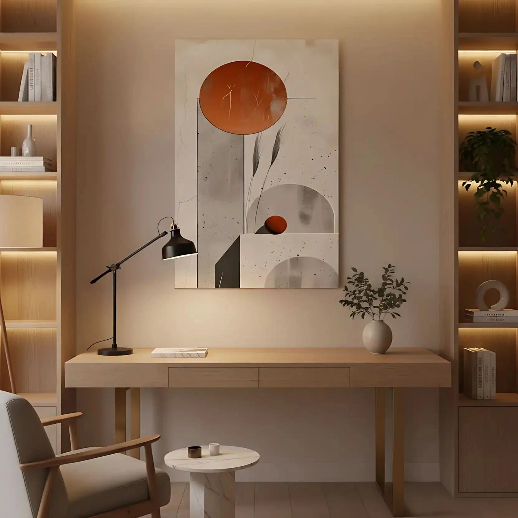 Peinture abstraite de formes géométriques équilibrées, apportant une sensation de sérénité et de sophistication.