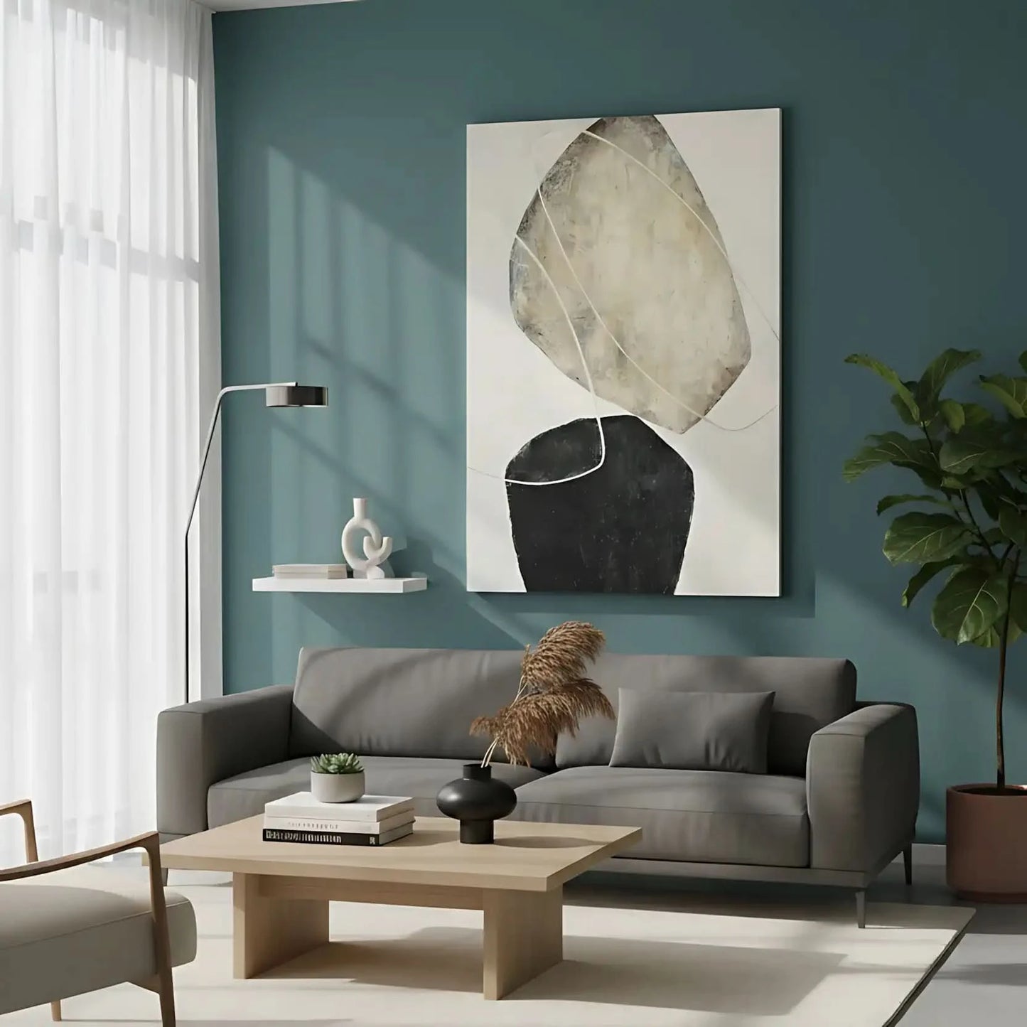 Tableau abstrait avec formes suspendues en tons beige et noir. Style moderne, idéal pour un salon épuré.