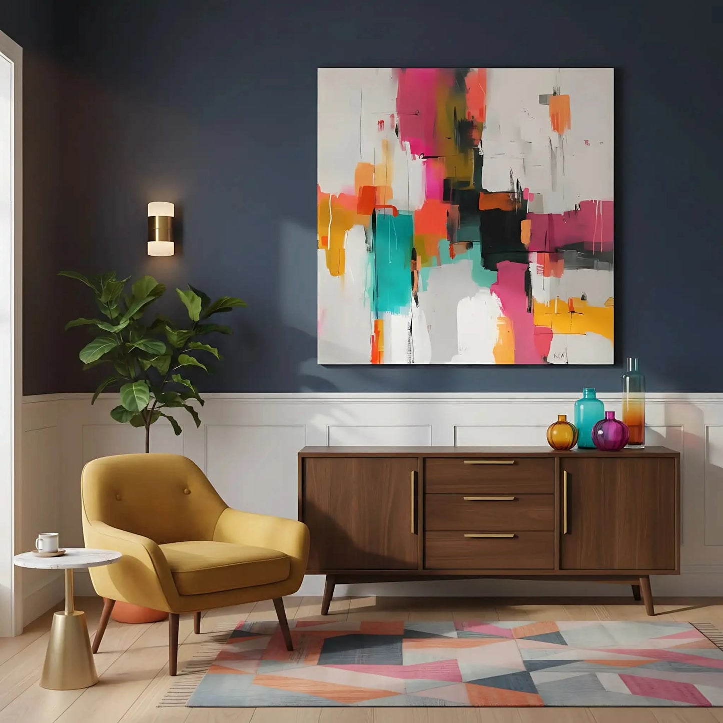 Tableau abstrait aux couleurs vives et contrastées, idéal pour des espaces contemporains.