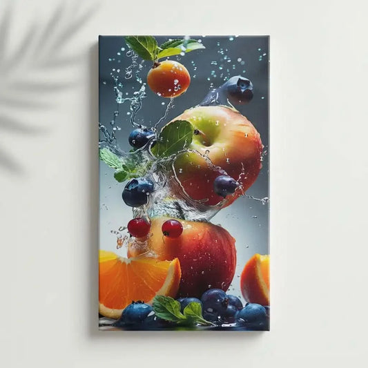 Fruits frais, dont des pommes, des bleuets et des agrumes, éclaboussant dans l'eau, créant un effet rafraîchissant, parfait pour cuisine