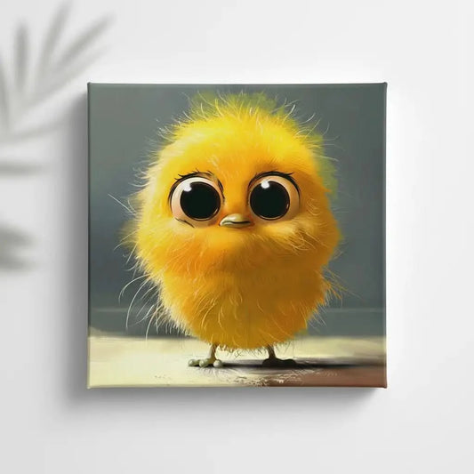 Petit oiseau jaune aux grands yeux, mignon et doux, parfait pour une décoration pleine de charme.