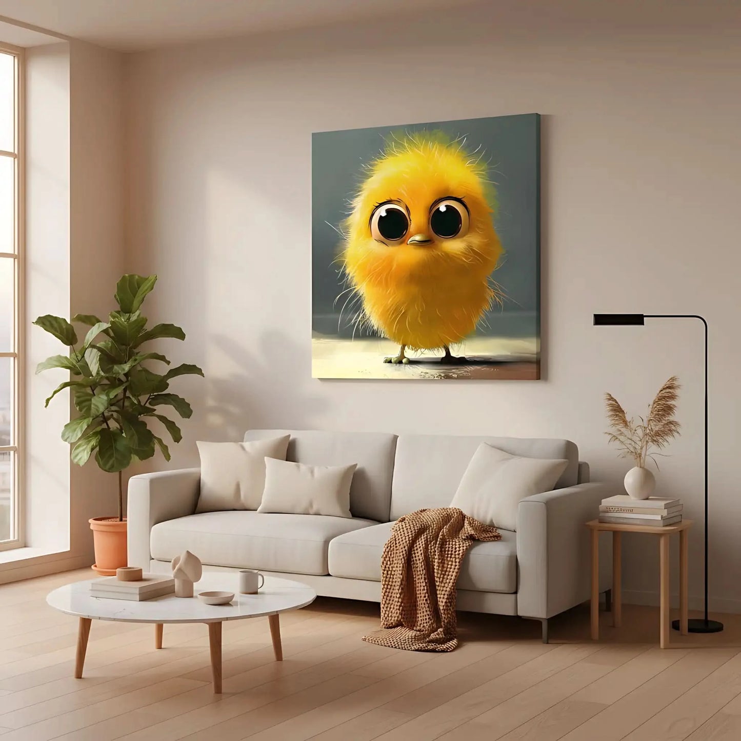 Petit oiseau jaune aux grands yeux, mignon et doux, parfait pour une décoration pleine de charme.