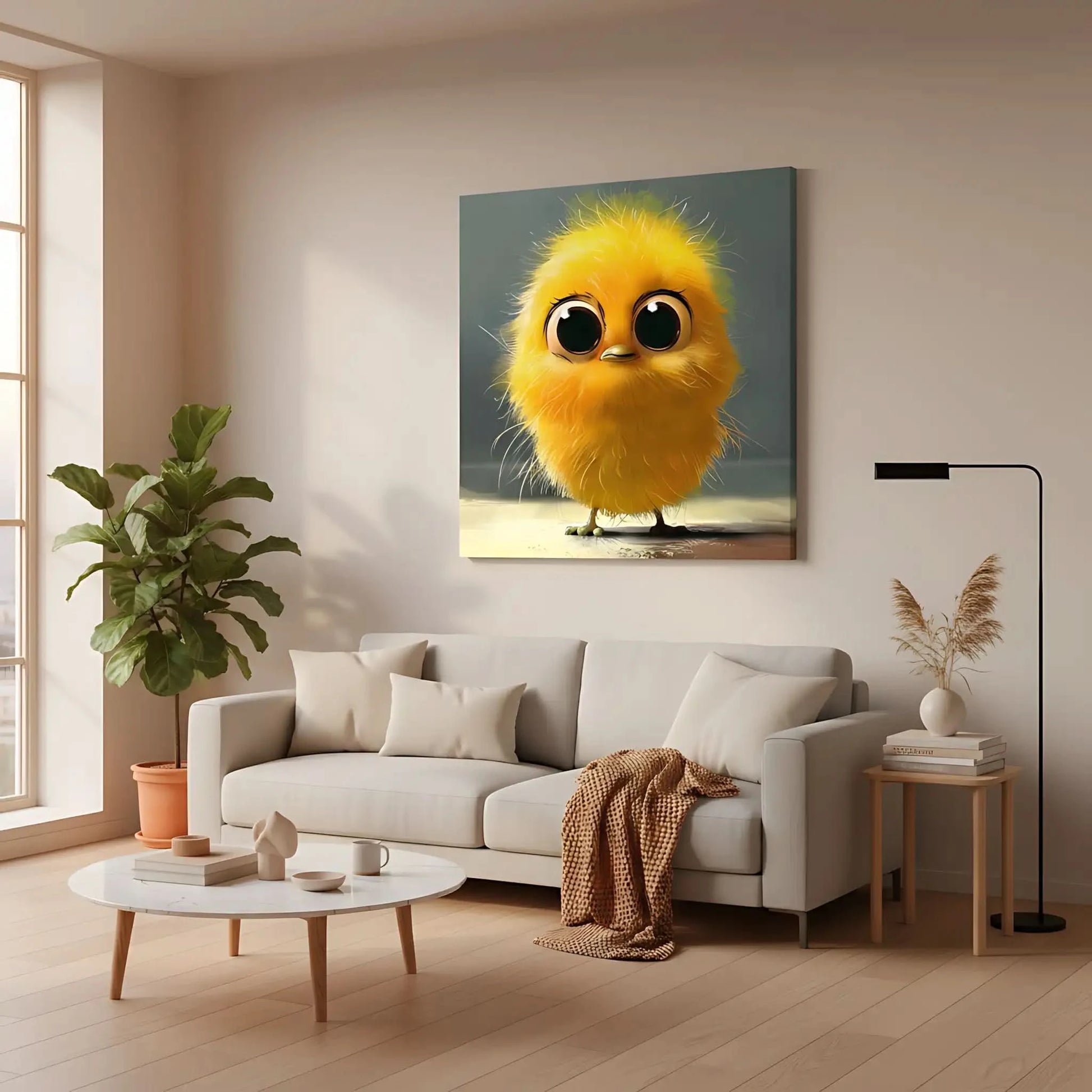 Petit oiseau jaune aux grands yeux, mignon et doux, parfait pour une décoration pleine de charme.