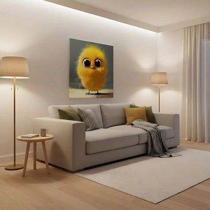 Petit oiseau jaune aux grands yeux, mignon et doux, parfait pour une décoration pleine de charme.