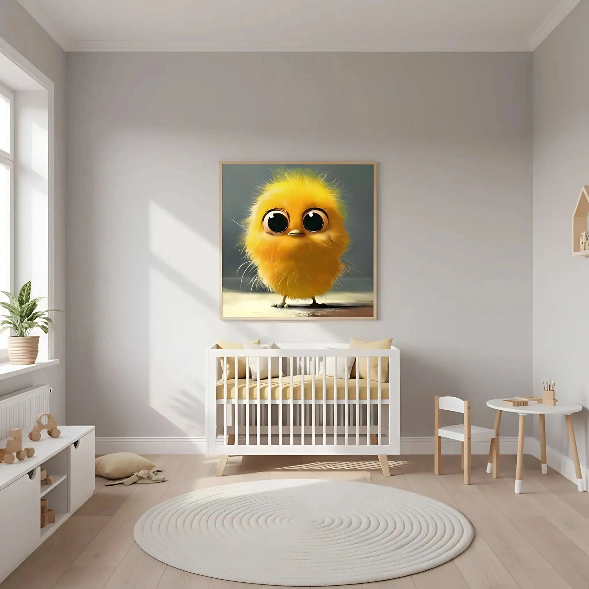 Petit oiseau jaune aux grands yeux, mignon et doux, parfait pour une décoration pleine de charme.