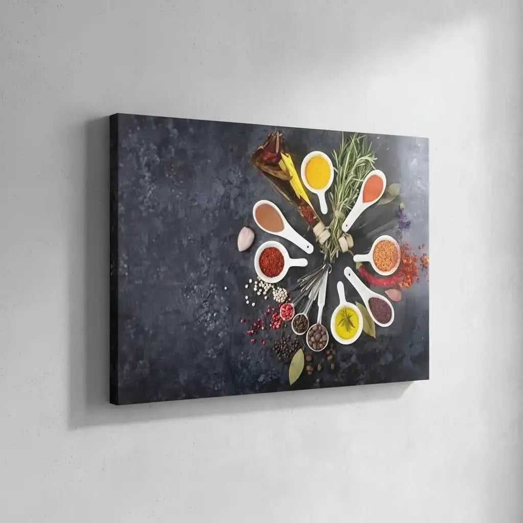 Couronne d’épices moderne: cuillères blanches, curcuma jaune, paprika rouge, herbes; composition harmonieuse pour cuisine.