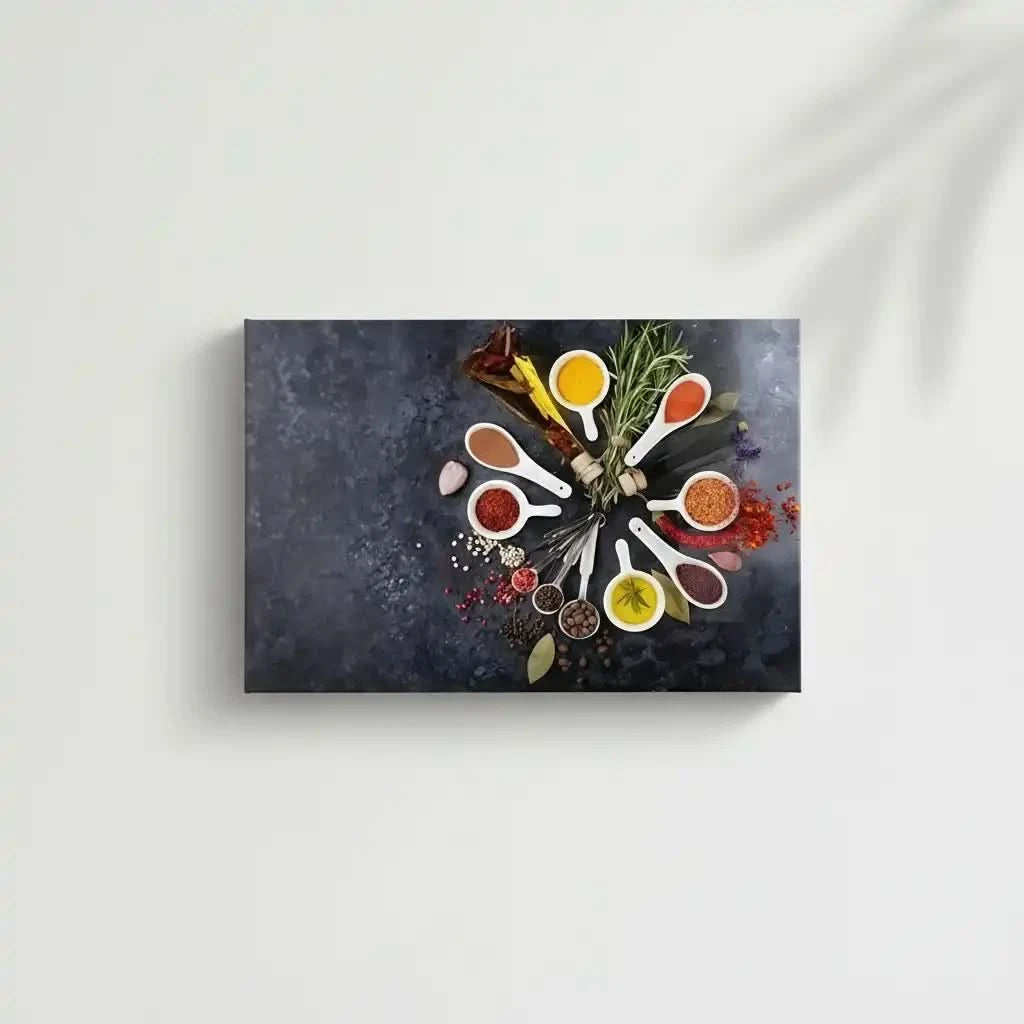 Couronne d’épices moderne: cuillères blanches, curcuma jaune, paprika rouge, herbes; composition harmonieuse pour cuisine.