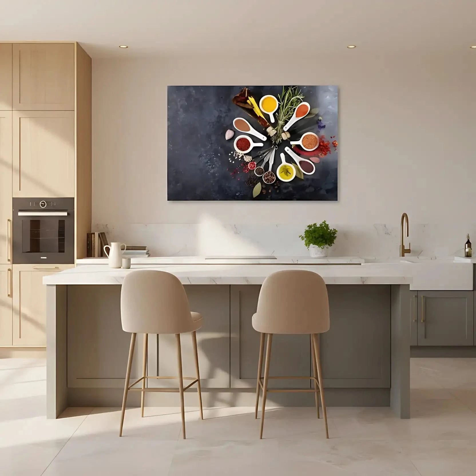 Couronne d’épices moderne: cuillères blanches, curcuma jaune, paprika rouge, herbes; composition harmonieuse pour cuisine.