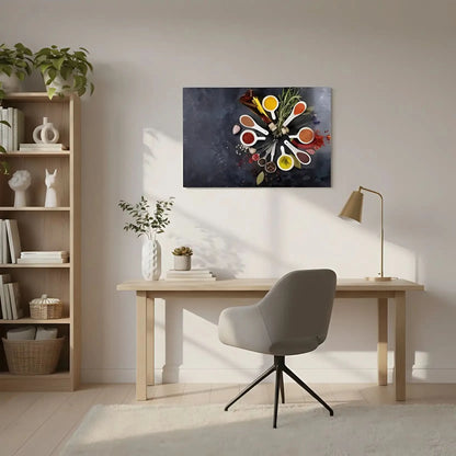 Couronne d’épices moderne: cuillères blanches, curcuma jaune, paprika rouge, herbes; composition harmonieuse pour cuisine.