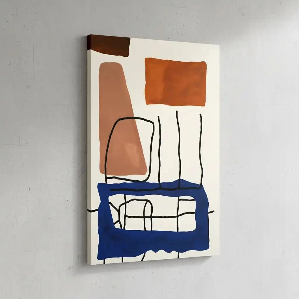 Tableau abstrait avec formes géométriques orange et bleues. Contraste dynamique, parfait pour un salon moderne.