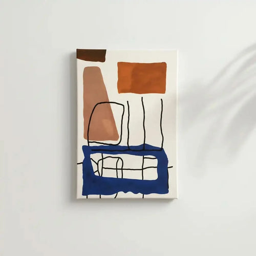 Tableau abstrait avec formes géométriques orange et bleues. Contraste dynamique, parfait pour un salon moderne.