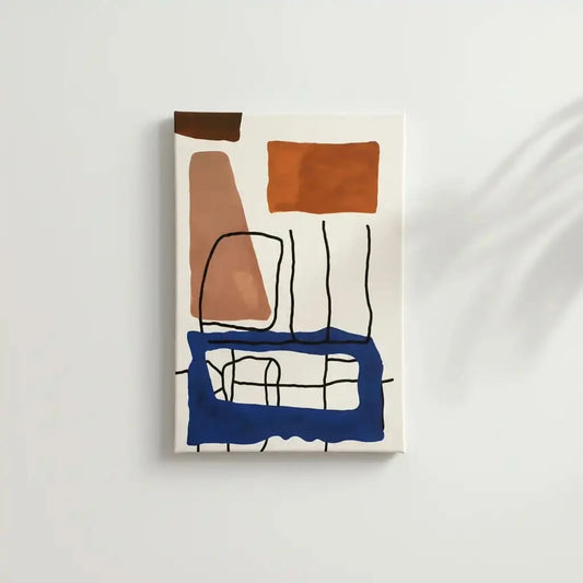 Tableau abstrait avec formes géométriques orange et bleues. Contraste dynamique, parfait pour un salon moderne.