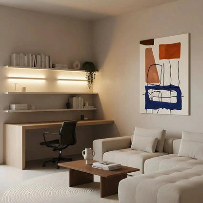 Tableau abstrait avec formes géométriques orange et bleues. Contraste dynamique, parfait pour un salon moderne.