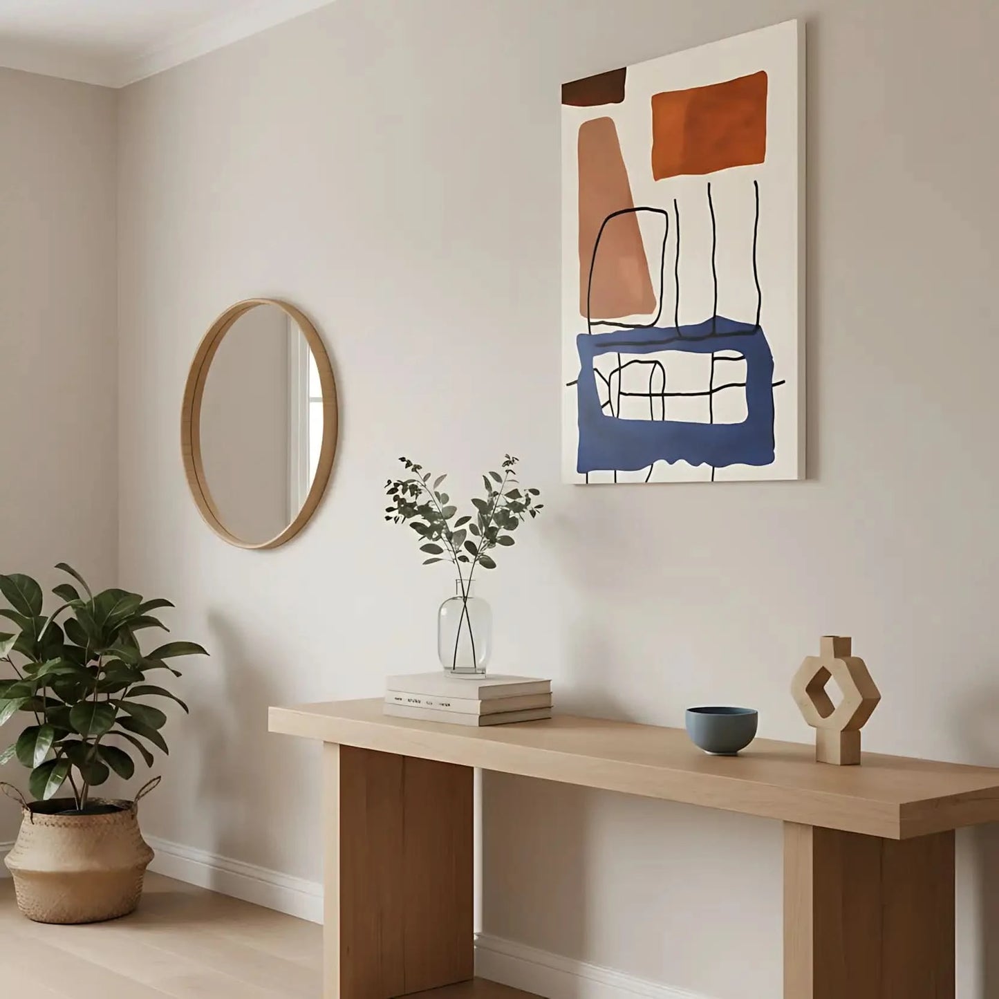 Tableau abstrait avec formes géométriques orange et bleues. Contraste dynamique, parfait pour un salon moderne.