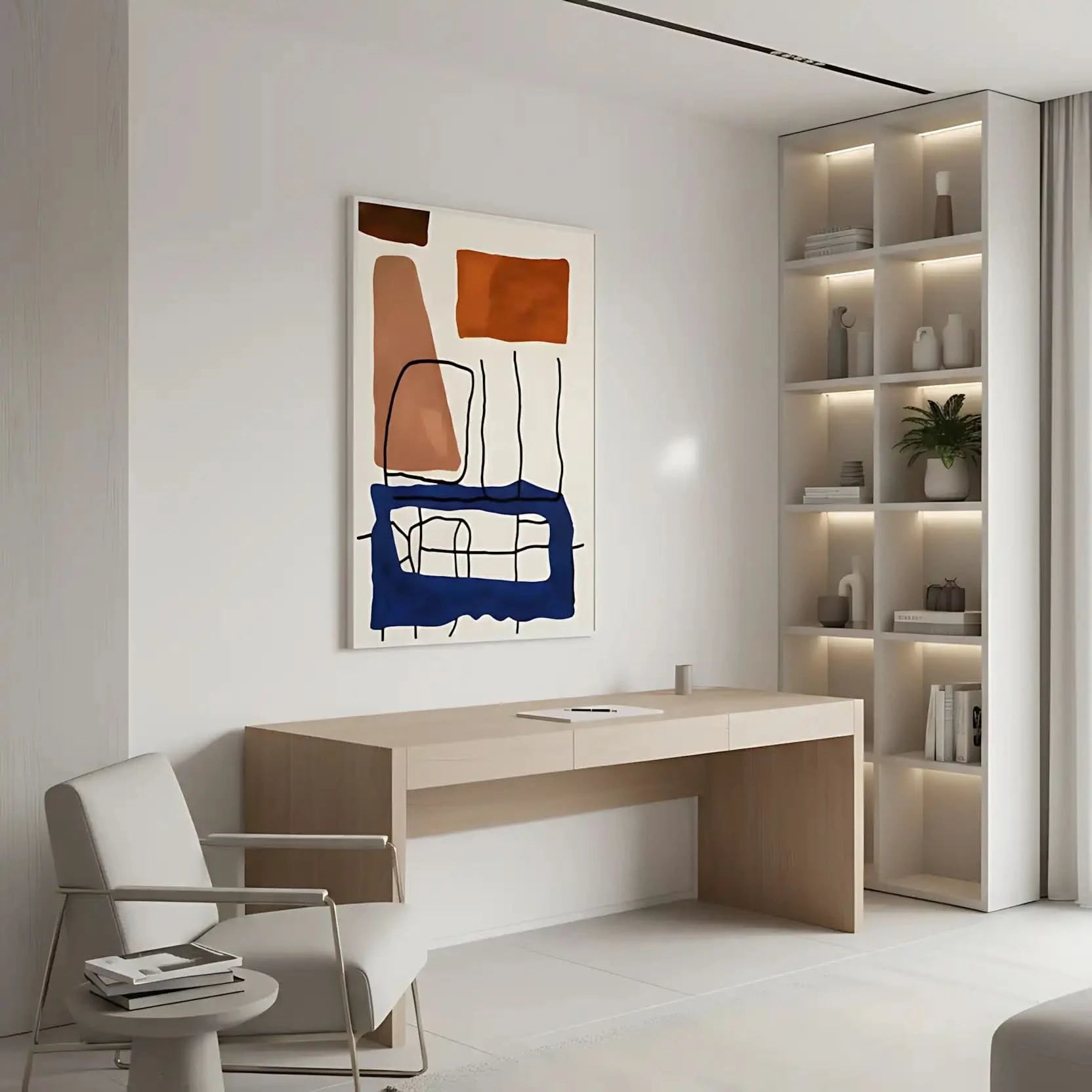 Tableau abstrait avec formes géométriques orange et bleues. Contraste dynamique, parfait pour un salon moderne.