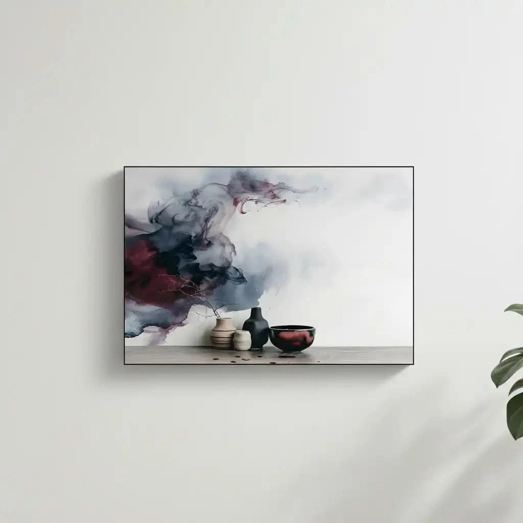 Oeuvre abstraite Zen avec des tons de bleu-gris et bordeaux, créant une ambiance tranquille et fluide, idéale pour un salon apaisant et un décor contemporain.