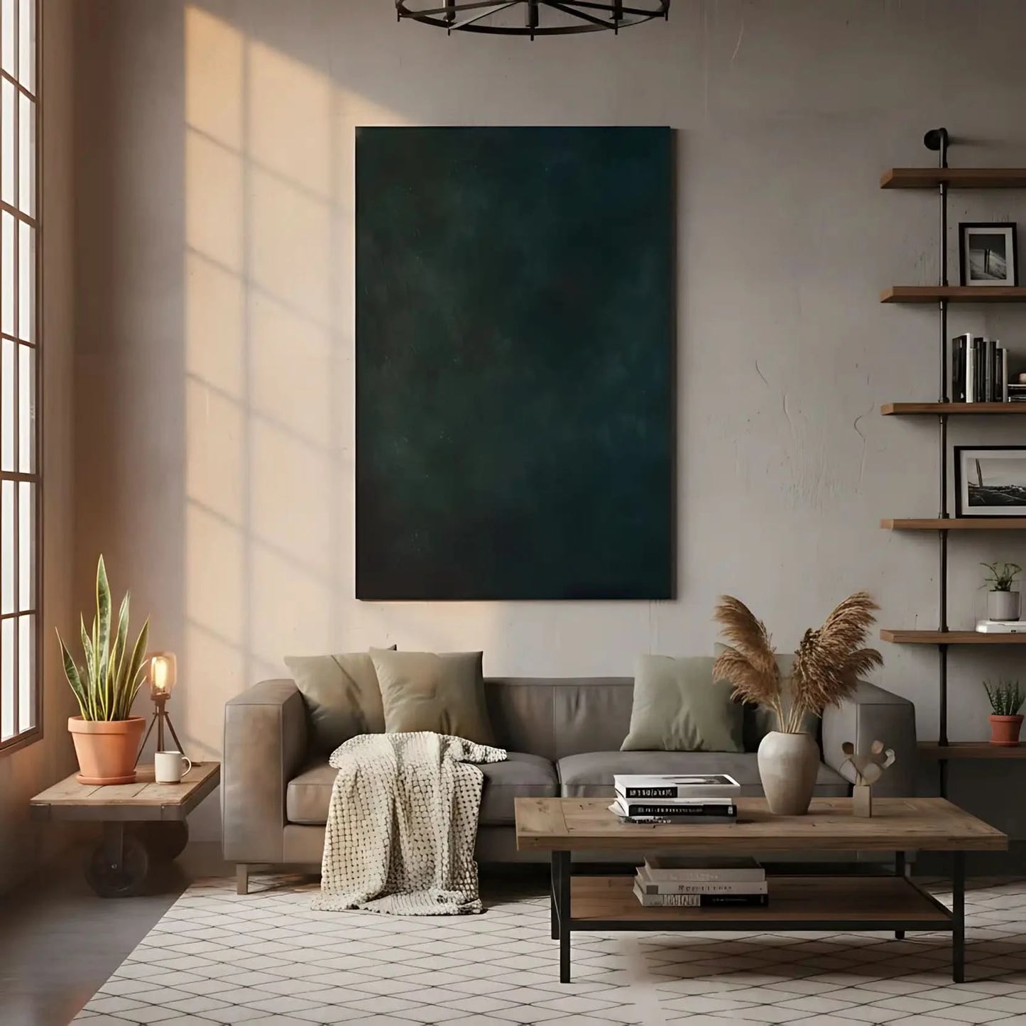 Tableau abstrait en vert foncé avec textures subtiles. Atmosphère énigmatique et apaisante, idéal pour un salon.