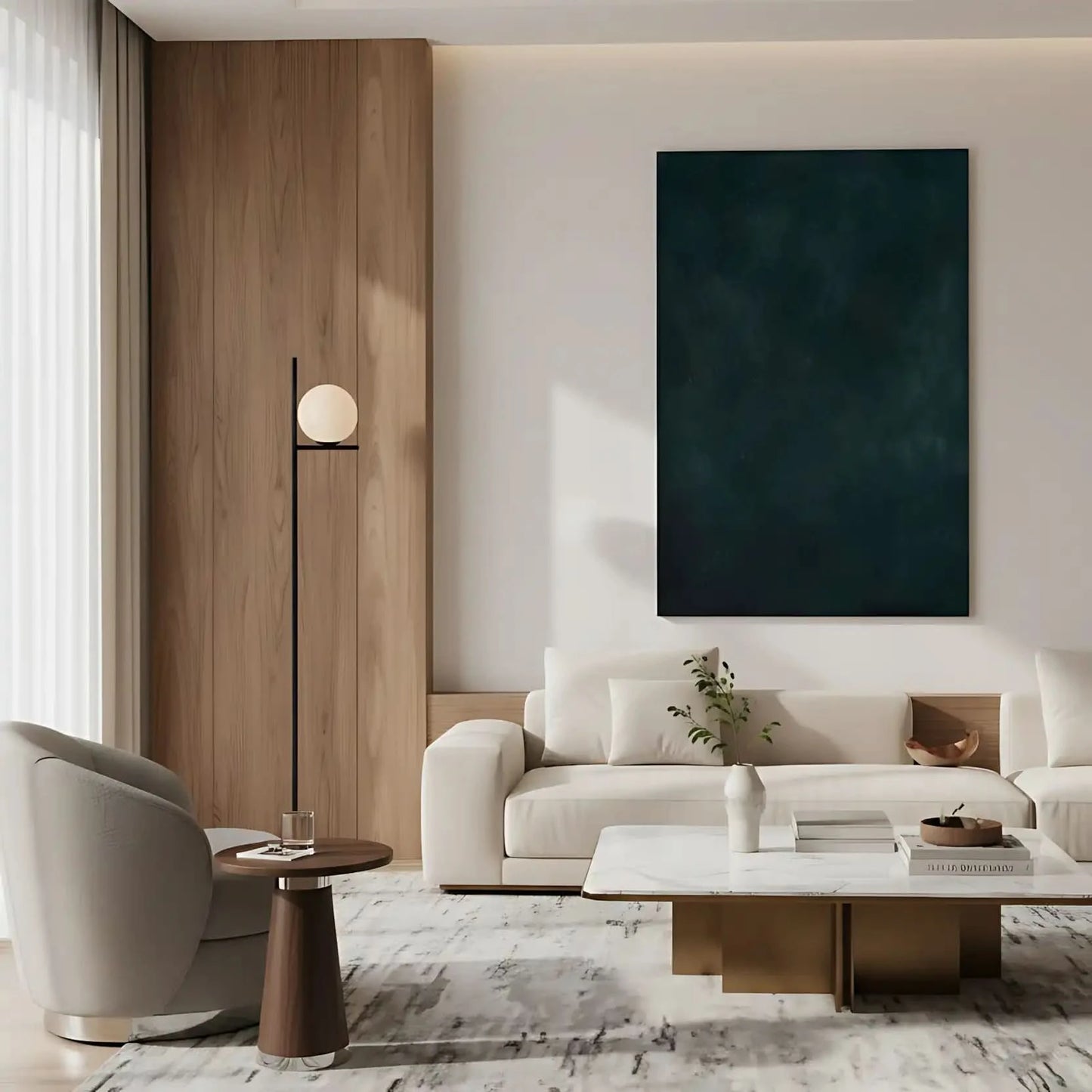 Tableau abstrait en vert foncé avec textures subtiles. Atmosphère énigmatique et apaisante, idéal pour un salon.