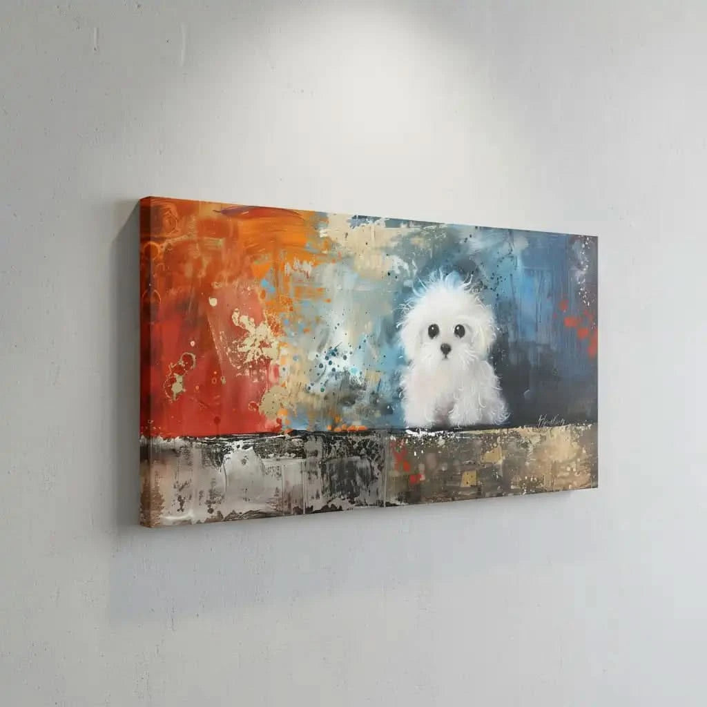 Un adorable chien blanc dans une explosion de couleurs vives, parfait pour une décoration moderne dans un salon ou une chambre.