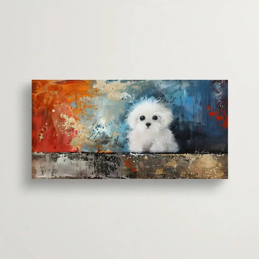 Un adorable chien blanc dans une explosion de couleurs vives, parfait pour une décoration moderne dans un salon ou une chambre.
