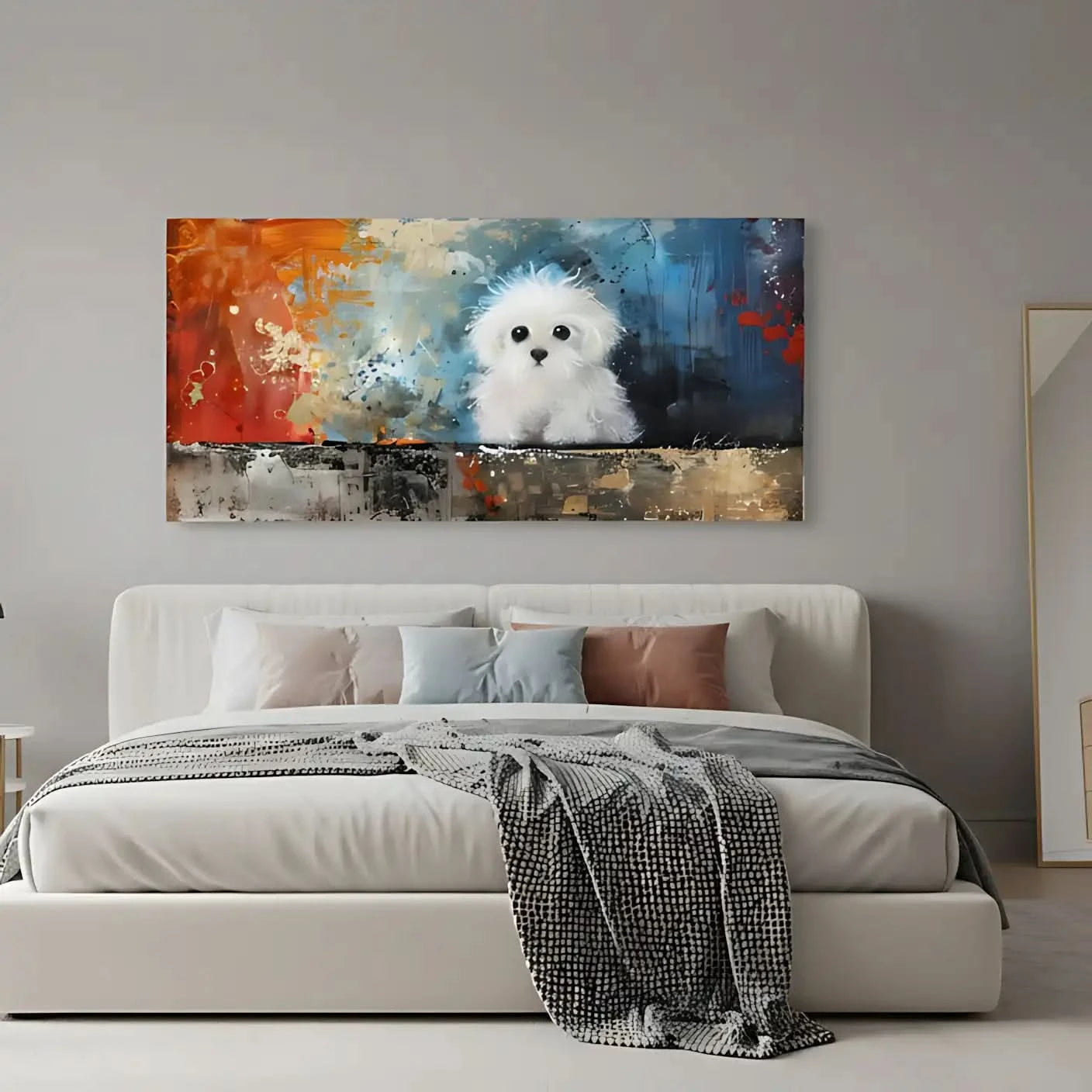 Un adorable chien blanc dans une explosion de couleurs vives, parfait pour une décoration moderne dans un salon ou une chambre.
