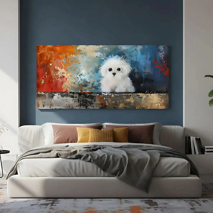 Un adorable chien blanc dans une explosion de couleurs vives, parfait pour une décoration moderne dans un salon ou une chambre.