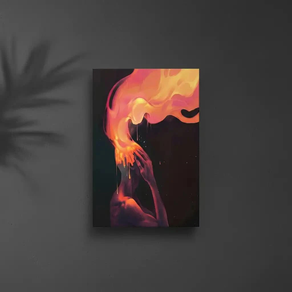 Peinture abstraite vibrante, où des éclats de couleurs vives symbolisent tourment intérieur et la lutte entre émotion brute et calme.