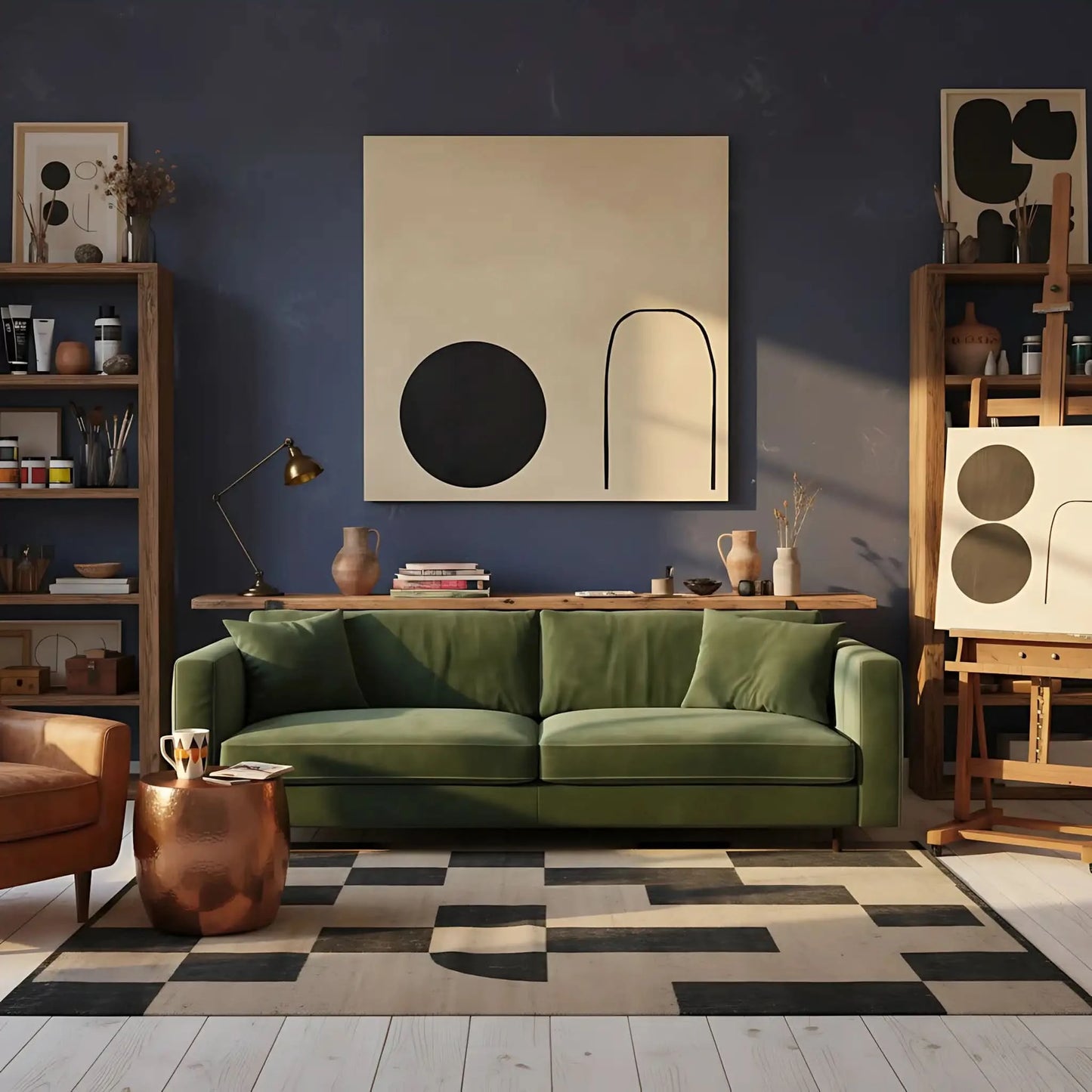 Forme abstraite noire suspendue par une ligne fine sur un fond crème, offrant une impression de mouvement dans un espace minimaliste.