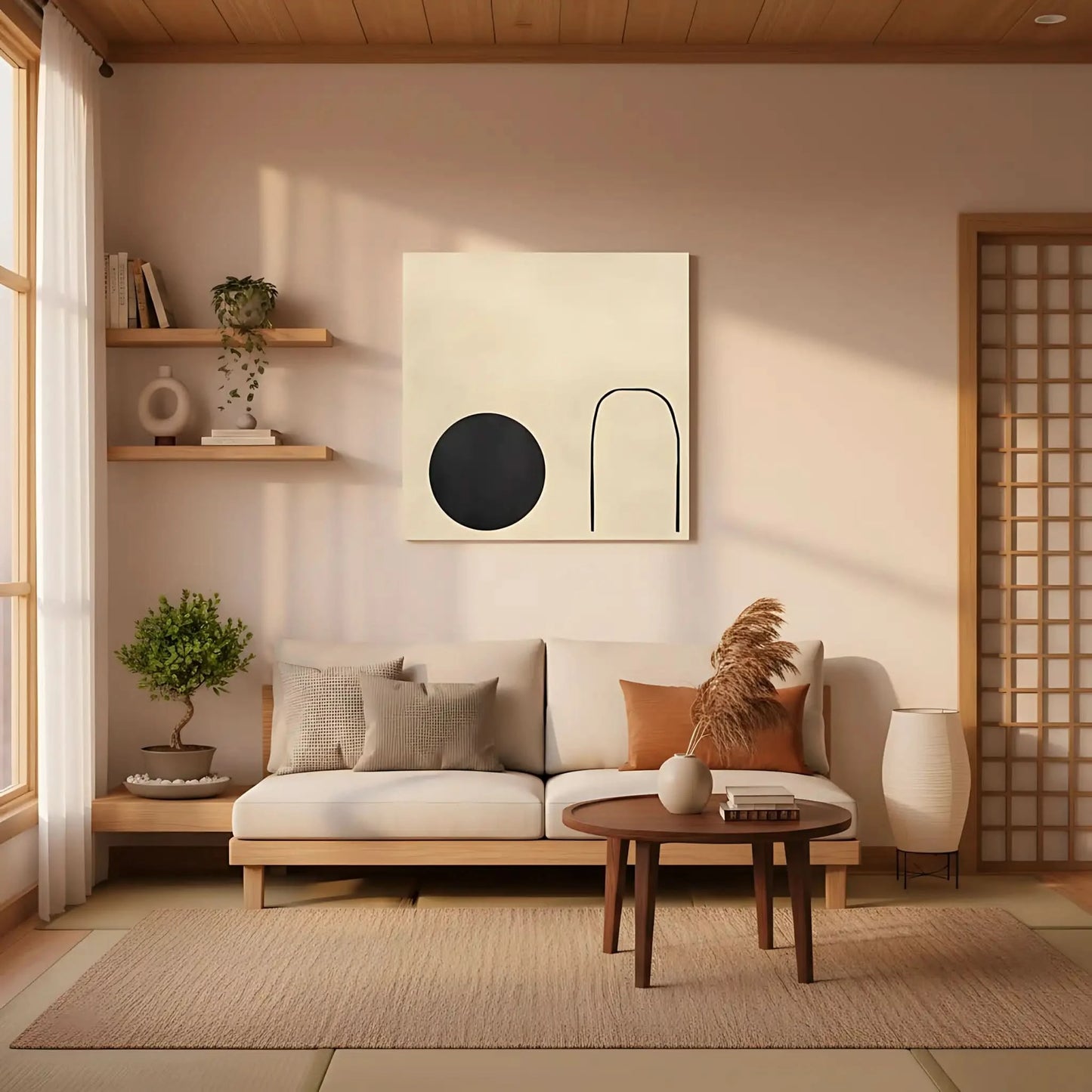 Forme abstraite noire suspendue par une ligne fine sur un fond crème, offrant une impression de mouvement dans un espace minimaliste.