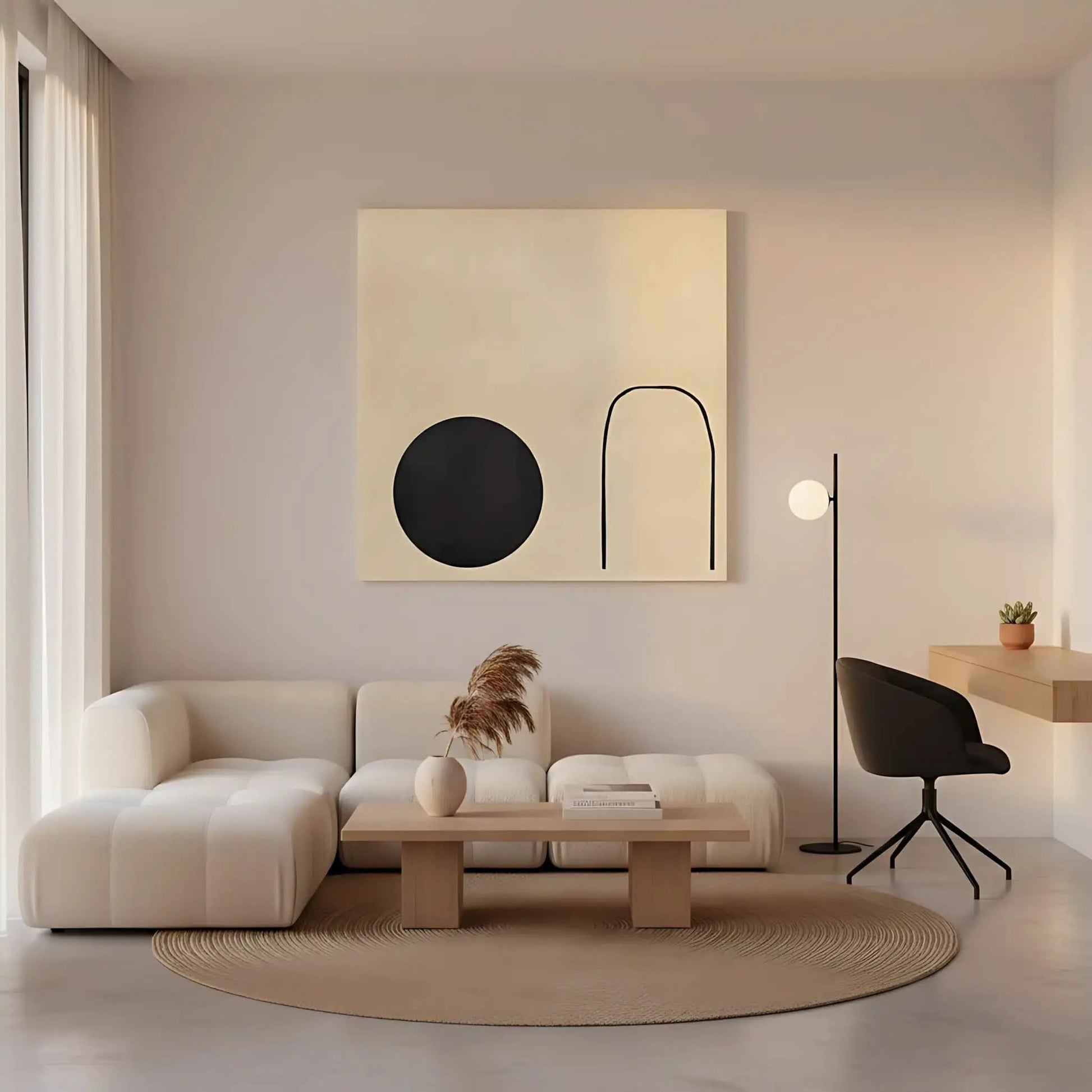 Forme abstraite noire suspendue par une ligne fine sur un fond crème, offrant une impression de mouvement dans un espace minimaliste.