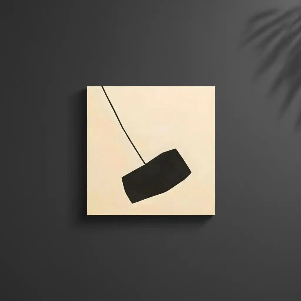 Tableau minimaliste avec fond beige et forme noire suspendue. Contraste subtil, idéal pour un salon moderne.