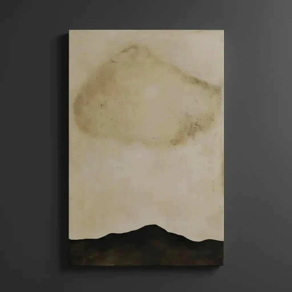 Tableau minimaliste en beige et noir avec horizon abstrait. Atmosphère sereine, idéal pour un salon moderne.