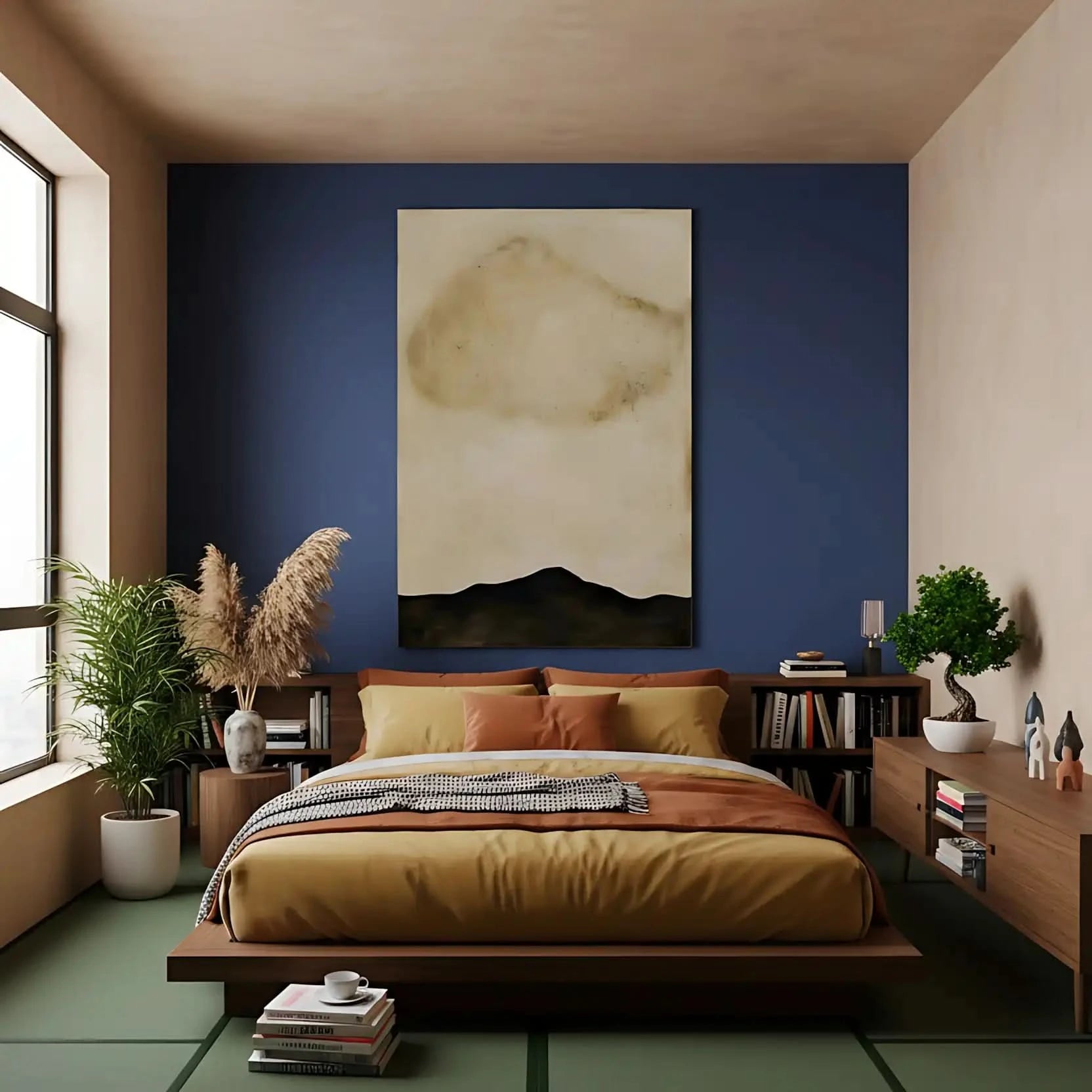 Tableau minimaliste en beige et noir avec horizon abstrait. Atmosphère sereine, idéal pour un salon moderne.