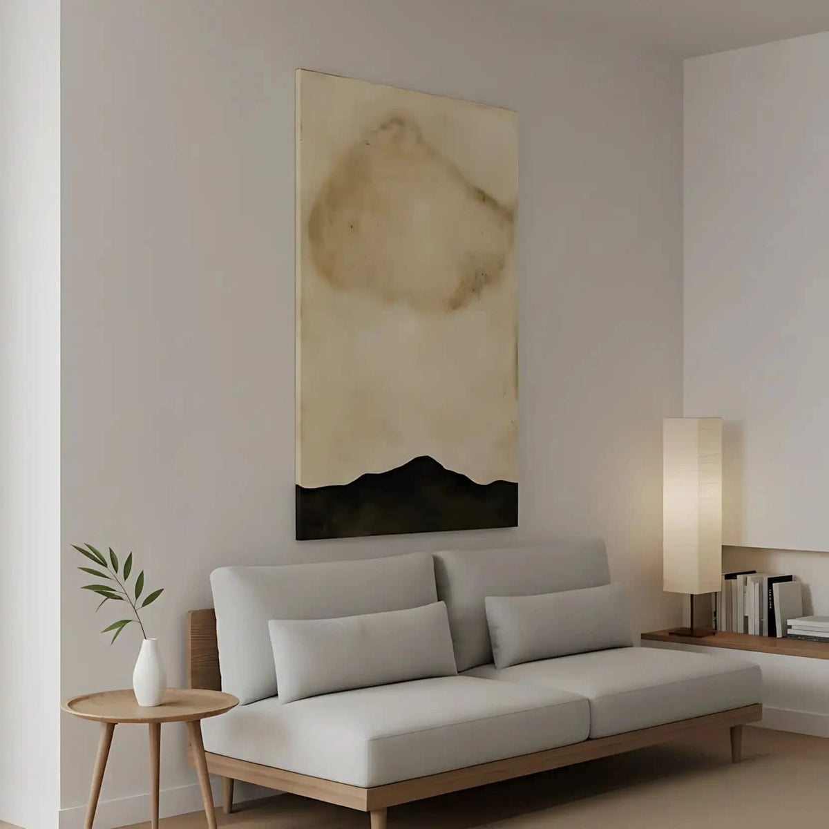 Tableau minimaliste en beige et noir avec horizon abstrait. Atmosphère sereine, idéal pour un salon moderne.
