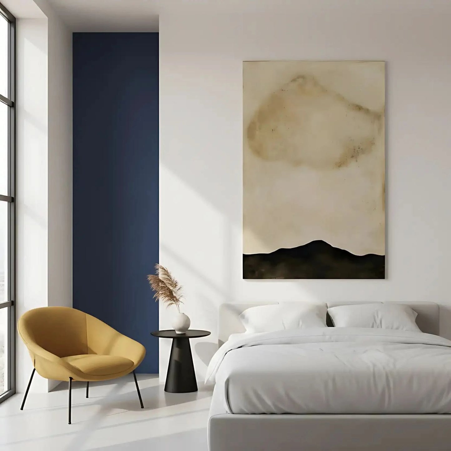 Tableau minimaliste en beige et noir avec horizon abstrait. Atmosphère sereine, idéal pour un salon moderne.