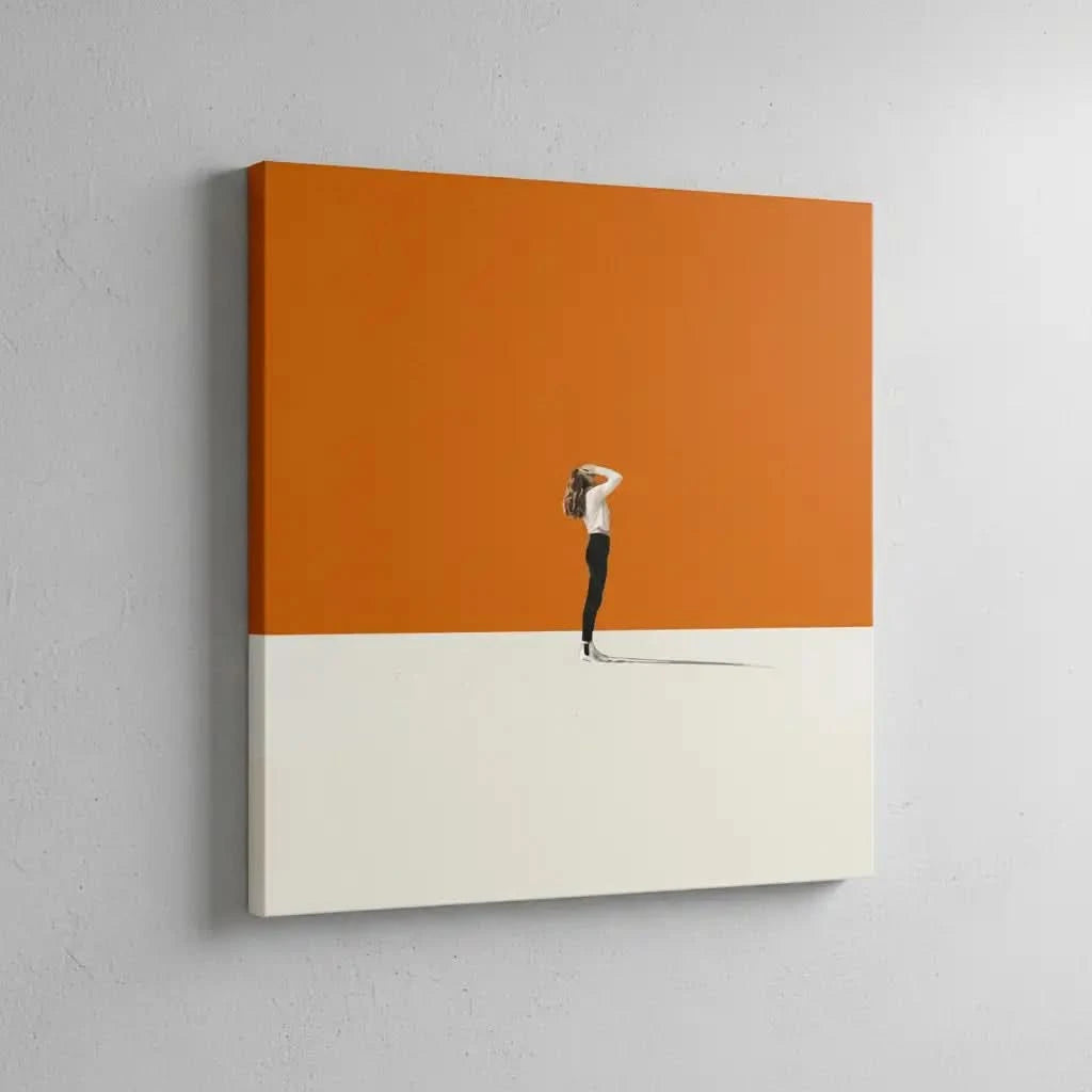 Silhouette solitaire dans un paysage minimaliste avec un fond orange, créant une ambiance calme et méditative.