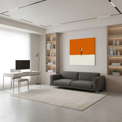 Silhouette solitaire dans un paysage minimaliste avec un fond orange, créant une ambiance calme et méditative.