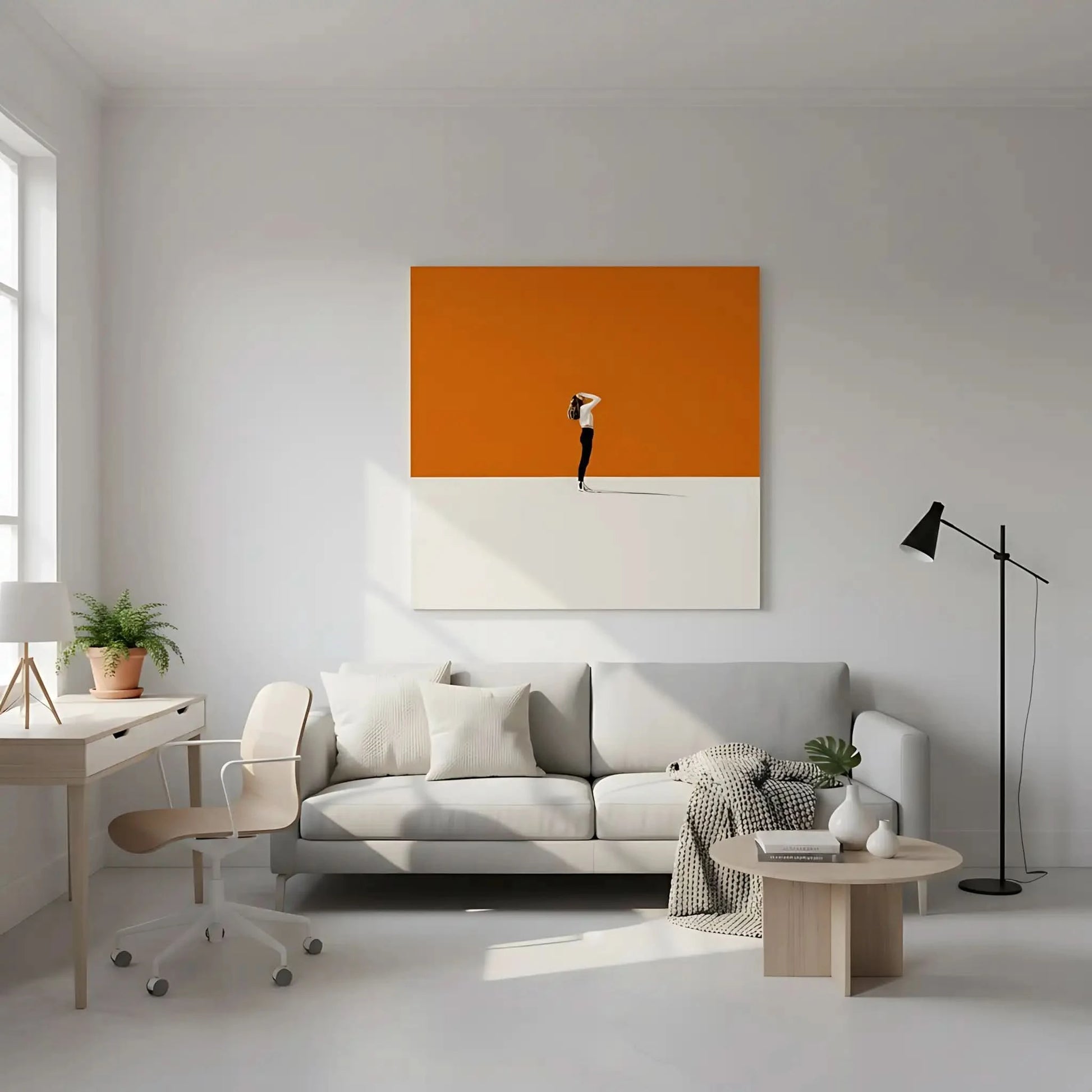 Silhouette solitaire dans un paysage minimaliste avec un fond orange, créant une ambiance calme et méditative.