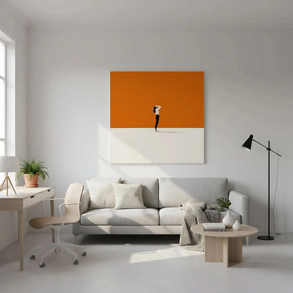 Silhouette solitaire dans un paysage minimaliste avec un fond orange, créant une ambiance calme et méditative.