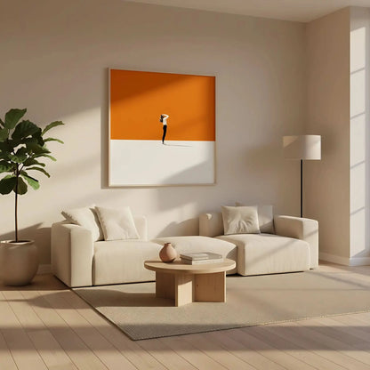 Silhouette solitaire dans un paysage minimaliste avec un fond orange, créant une ambiance calme et méditative.