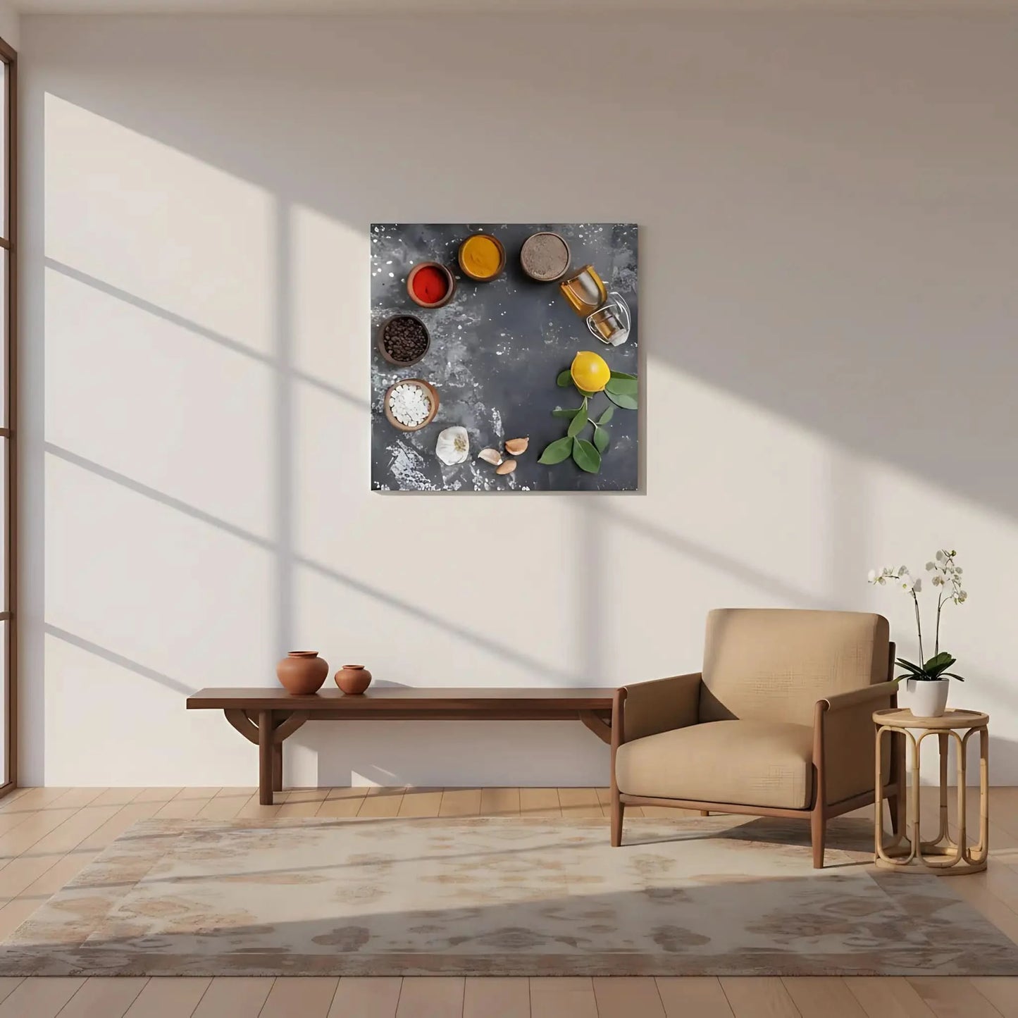 Nature morte minimaliste avec épices rouges et jaunes, grains de café, ail et citron; composition épurée.