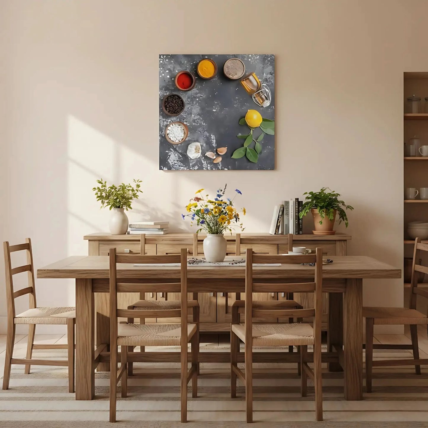 Nature morte minimaliste avec épices rouges et jaunes, grains de café, ail et citron; composition épurée.