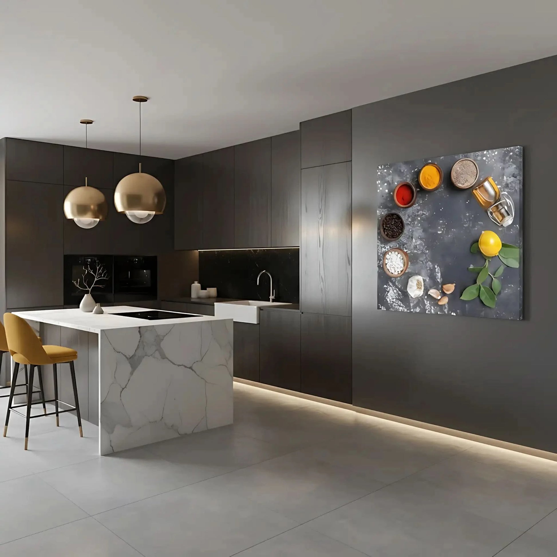 Nature morte minimaliste avec épices rouges et jaunes, grains de café, ail et citron; composition épurée.