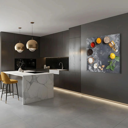 Nature morte minimaliste avec épices rouges et jaunes, grains de café, ail et citron; composition épurée.