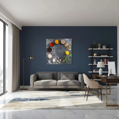 Nature morte minimaliste avec épices rouges et jaunes, grains de café, ail et citron; composition épurée.