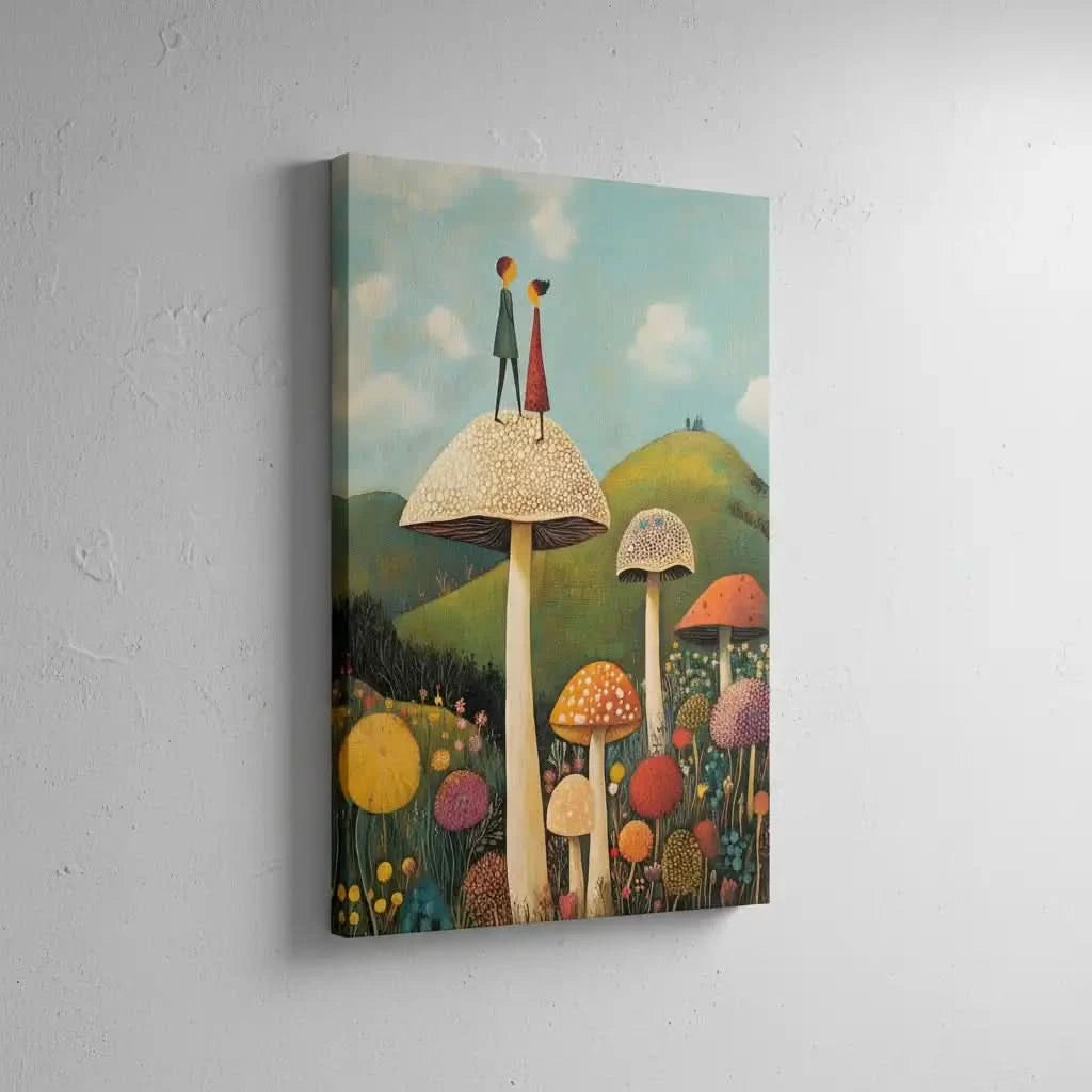 Illustration d'un couple de personnages sur un champignon géant dans un jardin enchanté, entouré de fleurs colorées.