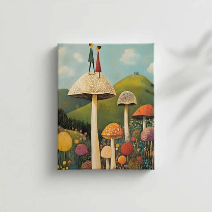 Illustration d'un couple de personnages sur un champignon géant dans un jardin enchanté, entouré de fleurs colorées.